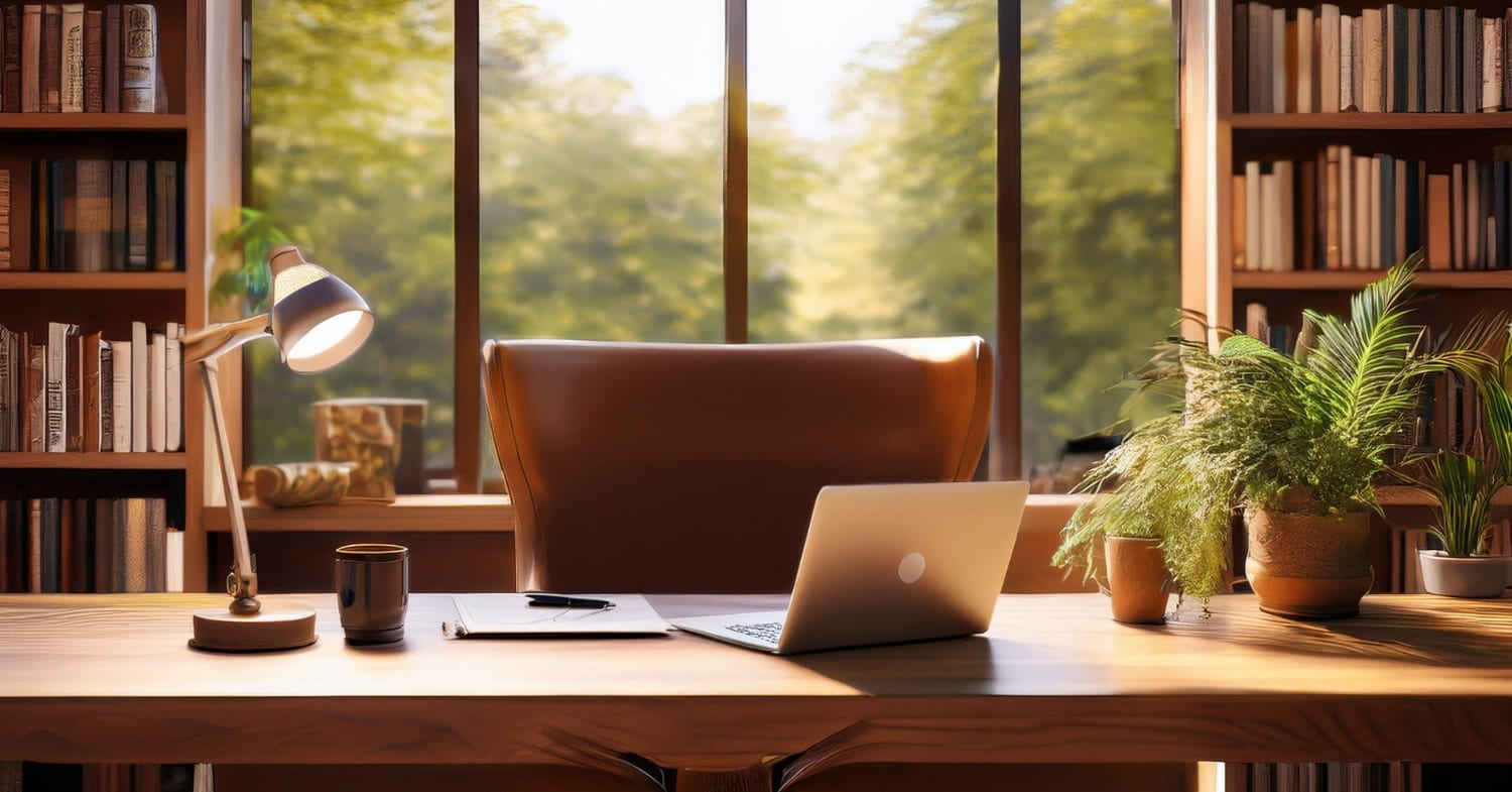 A sunlit home office designed for a high income earner, featuring a laptop, coffee mug, lamp, and potted plants on a wooden desk by the window.