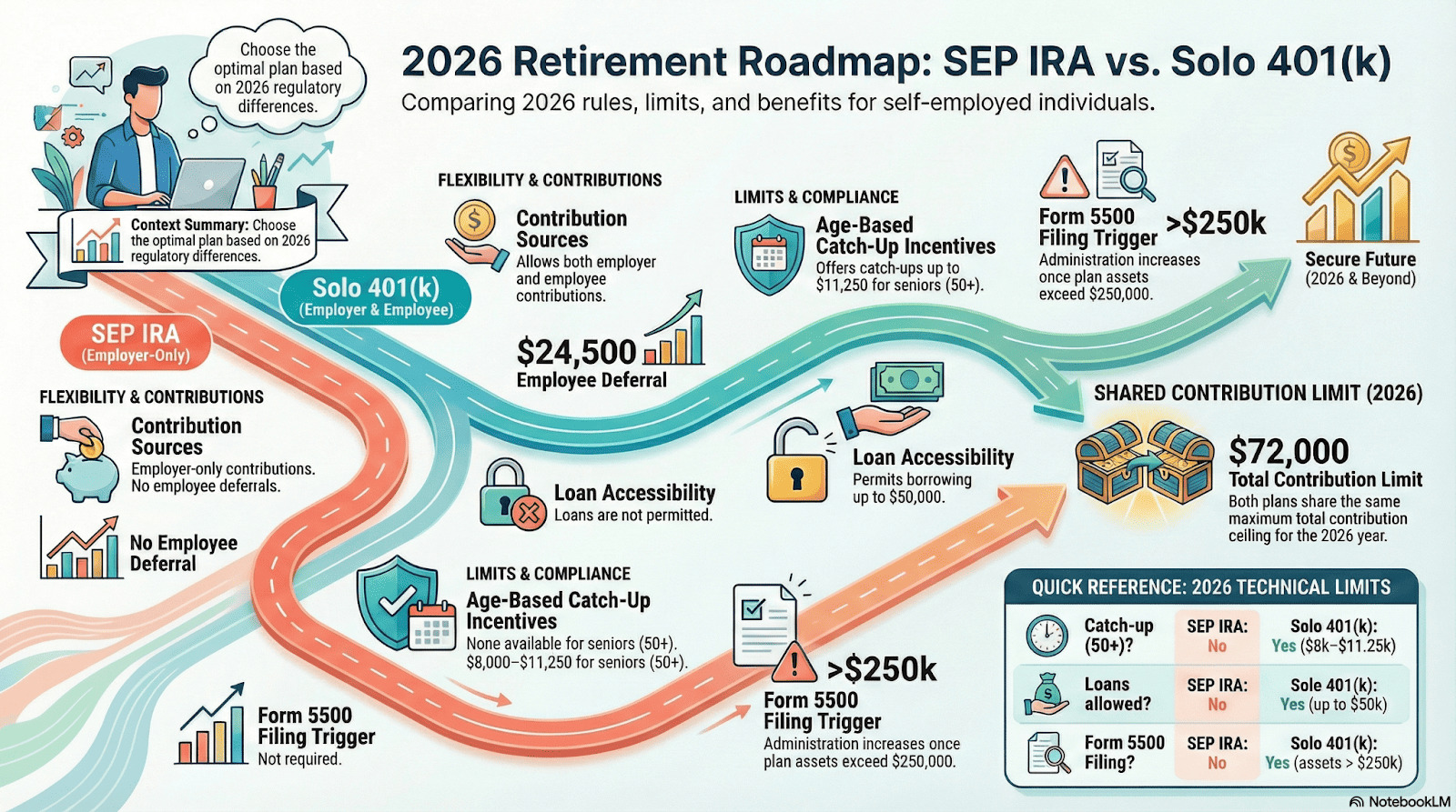 Infographic titled ‘2026 Retirement Roadmap: SEP IRA vs. Solo 401(k)’ comparing self-employed retirement plans. SEP IRA allows only employer contributions, no loans, and no catch-ups. Solo 401(k) permits both employer and employee contributions, deferrals up to $24,500, loans up to $50,000, and catch-ups for those 50+. Both share a $72,000 total contribution limit, with differences in loan access, catch-ups, and Form 5500 filing.