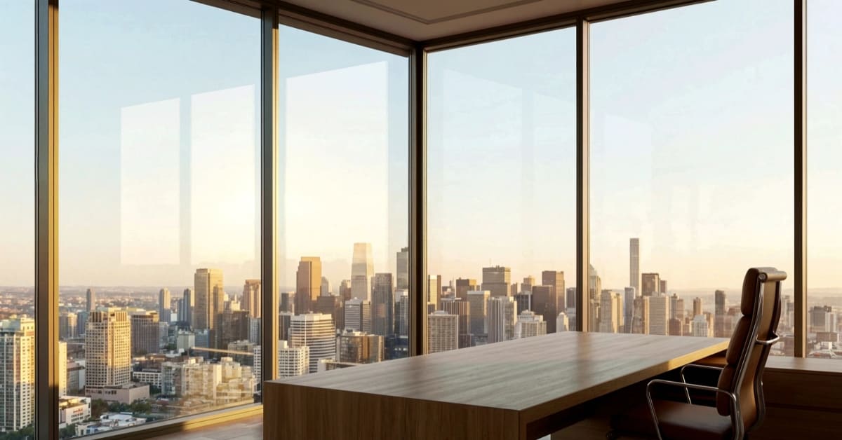 A modern office with a wooden desk and chair overlooks a city skyline through large floor-to-ceiling windows.