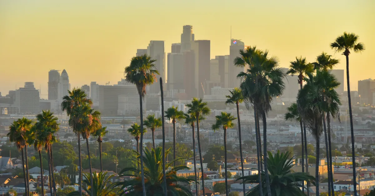 Los Angeles skyline with palm trees at sunset.